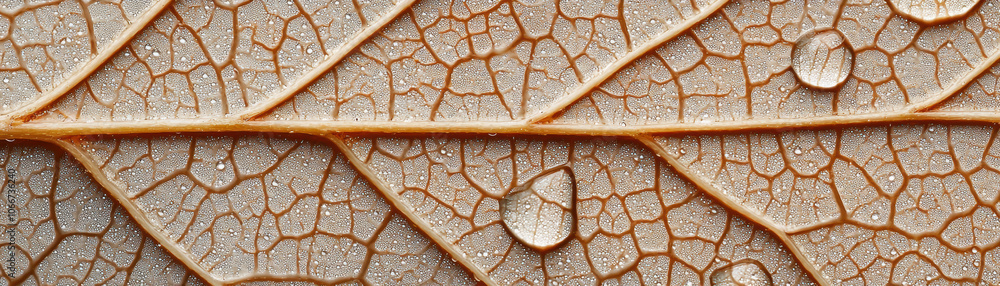 Poster a close-up view of a textured leaf with water droplets, highlighting intricate vein patterns and nat