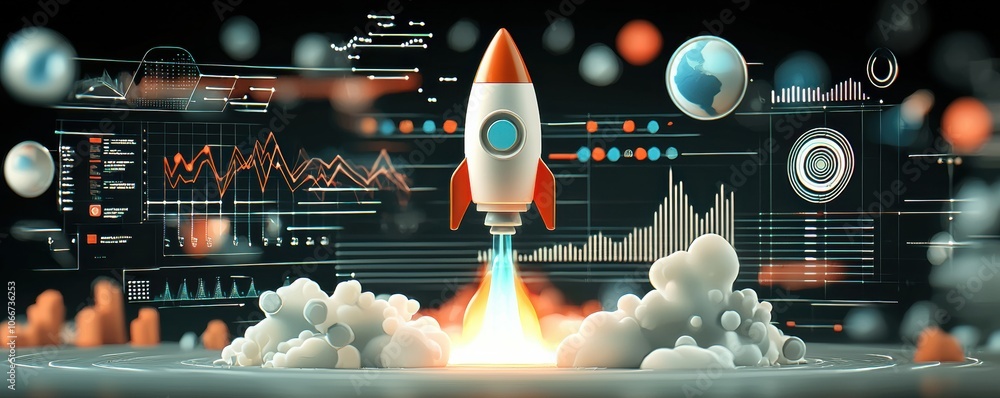 Poster rocket launching represented by rising graph a symbol of rapid success and high fidelity in technolo