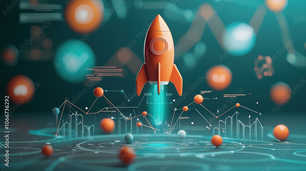 Poster rocket launches towards business success visualizing growth through rising graphs and innovative con
