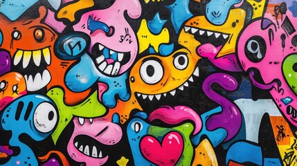 Vibrant Graffiti Art Background with Colorful Cartoon Characters and Expressive Faces