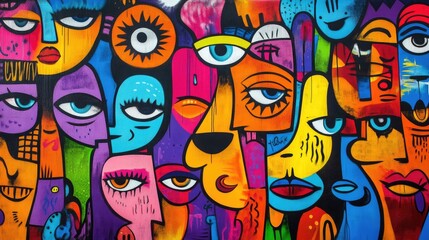 Fototapeta premium Vibrant Graffiti Art Background with Colorful Cartoon Characters and Expressive Faces