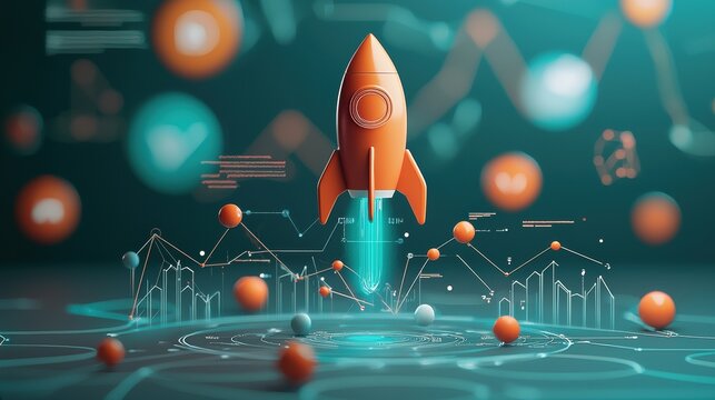 Rocket launches towards business success visualizing growth through rising graphs and innovative concepts