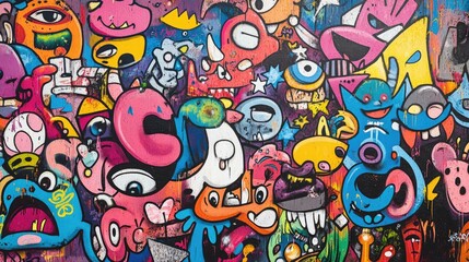 Fototapeta premium Vibrant Graffiti Art Background with Colorful Cartoon Characters and Expressive Faces