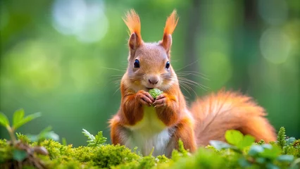 Poster de jardin Écureuil photo realistic Brown squirrel eating at forest blurry background. Generative AI.  © Black and White 