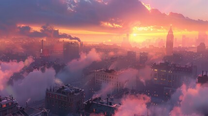 Fototapeta premium Stunning visuals of fog rolling over cities, blending natural beauty with urban landscapes. Illustrations