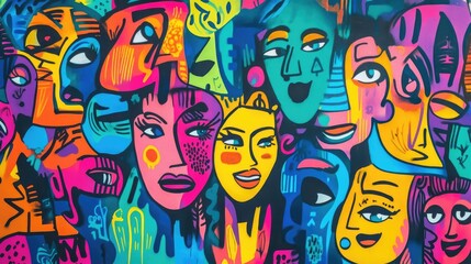 Obraz premium Vibrant Graffiti Art Background with Colorful Cartoon Characters and Expressive Faces