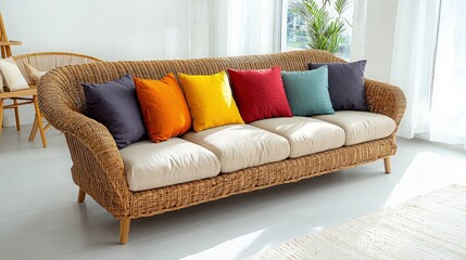 Wicker sofa with colorful pillows in a modern living room.