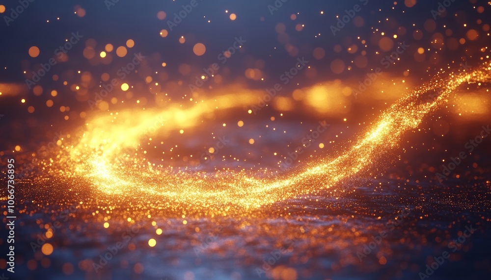 Poster abstract golden swirl of sparkling particles on dark background with bokeh effect, 3d illustration.