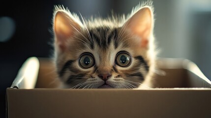 Close-up of a Tabby Kitten Peeking Over a Cardboard Box
