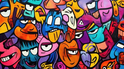 Vibrant Graffiti Art Background with Colorful Cartoon Characters and Expressive Faces