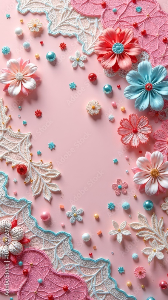 Poster a pink and blue lace with a bunch of buttons and beads on it