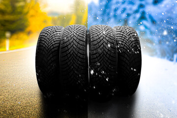 Summer tires on a road winter wheel off. Change a car seasonal tyre summer forest road with trees background. Change for winter tire. Banner Selling off. Or Background automechanic © Katarina