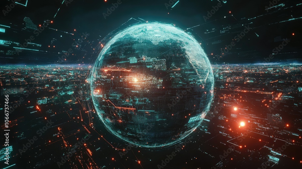 Aufkleber futuristic digital globe with neon lights and data streams