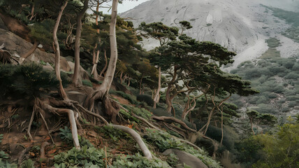 Fototapeta premium Twisted trees growing on rocky terrain with a mountain backdrop, showcasing the rugged beauty of nature and the resilience of plant life in a mountainous environment.
