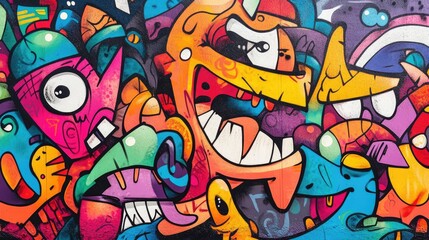 Vibrant Graffiti Art Background with Colorful Cartoon Characters and Expressive Faces