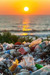 A pile of trash sits atop the sandy shore, with potential for environmental or urban decay themes