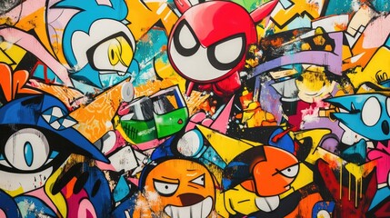 Obraz premium Vibrant Graffiti Art Background with Colorful Cartoon Characters and Expressive Faces