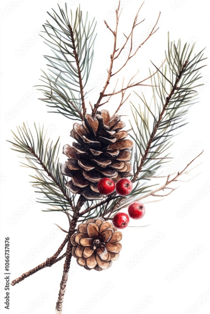 Poster a close-up image of a pine cone surrounded by berries on a branch, perfect for use in nature or seas