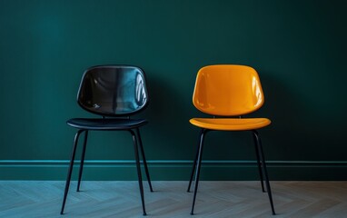 A pair of chairs, one black and one orange-yellow, placed next to each other in front of a dark green wall in a classroom setting. 