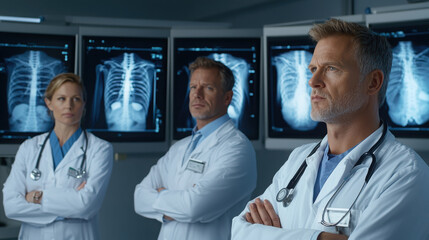 A group of doctors observes X-ray images, showcasing teamwork and expertise in a medical setting.