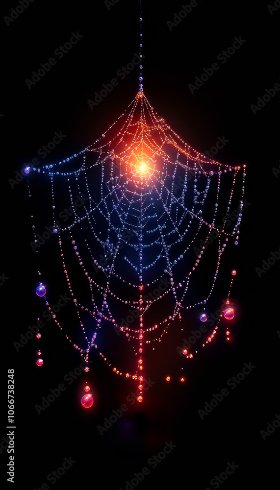 Poster a spider web with a bright orange light shining on it. the web is made of many different colored str