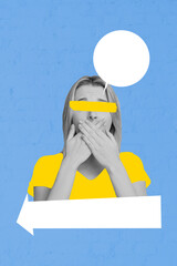 Vertical photo collage of shocked girl shut mouth taped eyes voiceless panic bubble speechless...