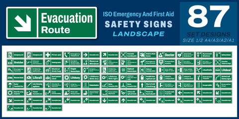 Naklejka premium 87 set iso emergency and first aid safety signs v70_evacuation route_landscape size 1/2 a4,a3,a2,a1