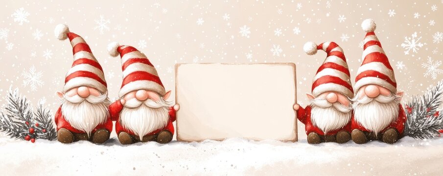 Adorable Christmas card illustration featuring festive gnomes in red and white hats carrying a blank sign