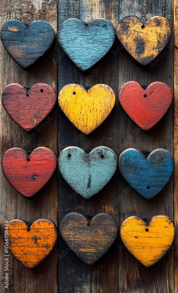Poster a row of wooden hearts with different colors and sizes. the hearts are arranged in a pattern, with s