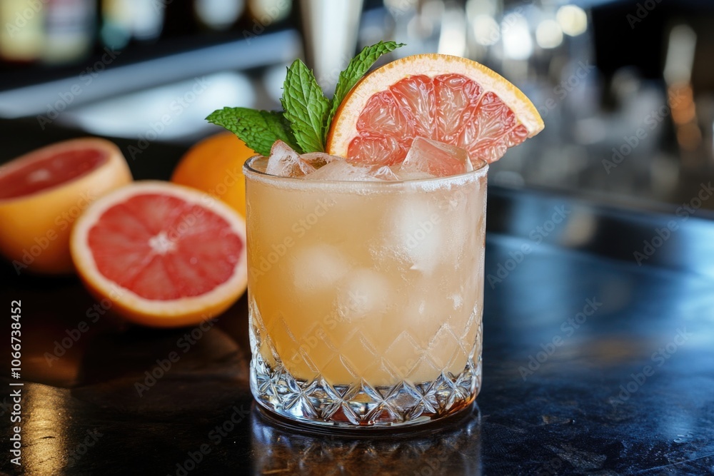 Poster a refreshing drink with a slice of grapefruit placed on the rim, perfect for a summer evening or a r