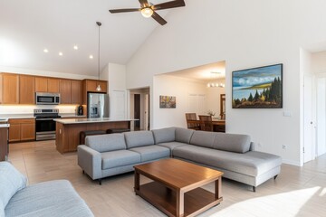 Spacious open plan living area featuring a stylish sectional sofa and contemporary art decor.