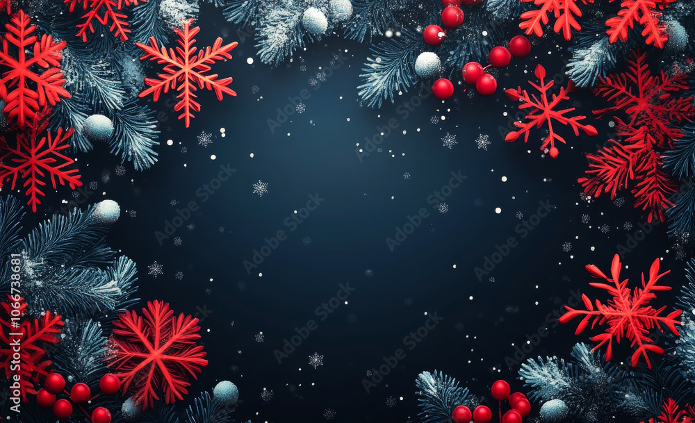 Poster a blue background with red snowflakes and red berries. the snowflakes are in various sizes and the b