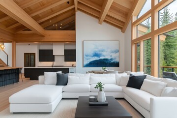 Fototapeta premium Spacious open plan living area featuring a stylish sectional sofa and contemporary art decor.