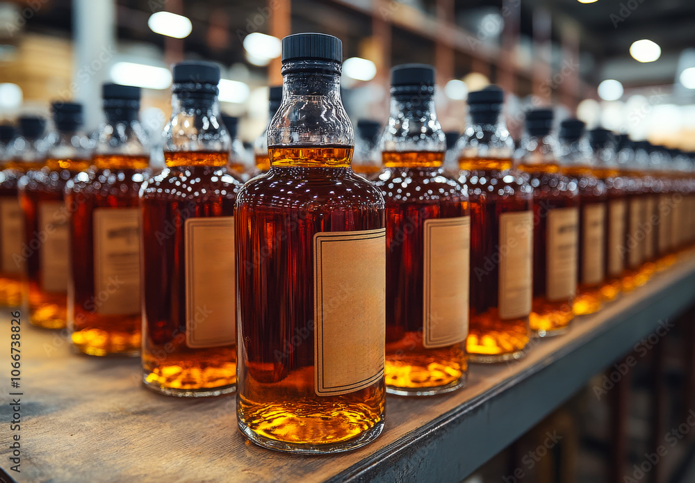 Poster a row of liquor bottles are lined up on a table. the bottles are all the same size and shape, and th