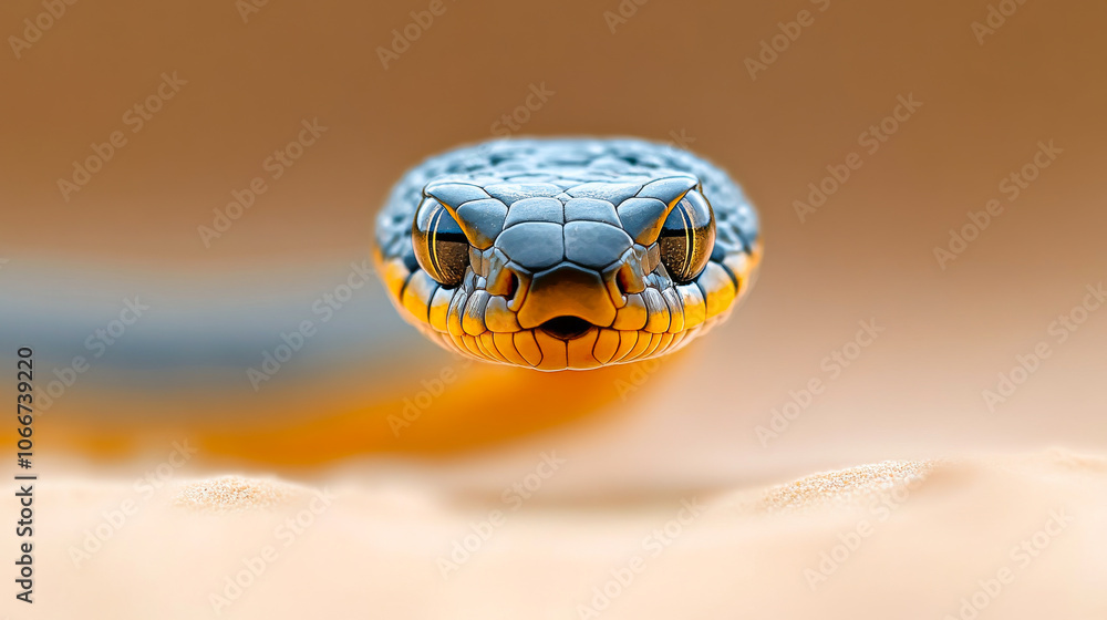 Poster a close up of a snake's head with a yellow and blue pattern. the snake's eyes are open and it is sta