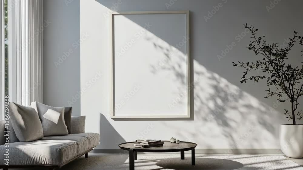 Poster sunlight streams through a window, casting shadows on a modern living room with a large couch and a 