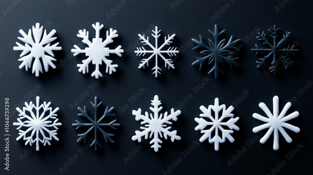 Poster a collection of snowflakes in various sizes and colors. the snowflakes are arranged in a row, with s