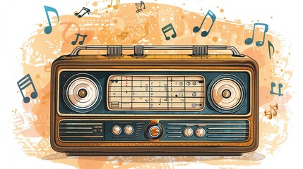 Fototapeta premium A vintage radio with musical notes floating around it.