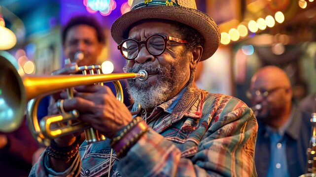 Jazz band performance in a New Orleans bar during Mardi Gras. Black musicians in festive attire playing soulful tunes