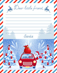 Layout letter template from Santa Claus with inscription "Dear little friend" and cartoon Santa in red retro car with big gift bag on background of snowfall and Christmas tree.