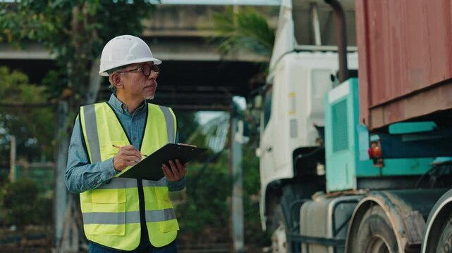 Senior Safety Officer Inspects Cargo Transport Operations at Bustling Shipping Yard.