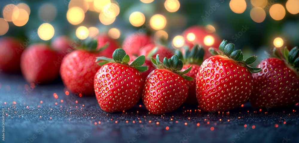 Poster a close up of a bunch of red strawberries on a black background. the strawberries are arranged in a 