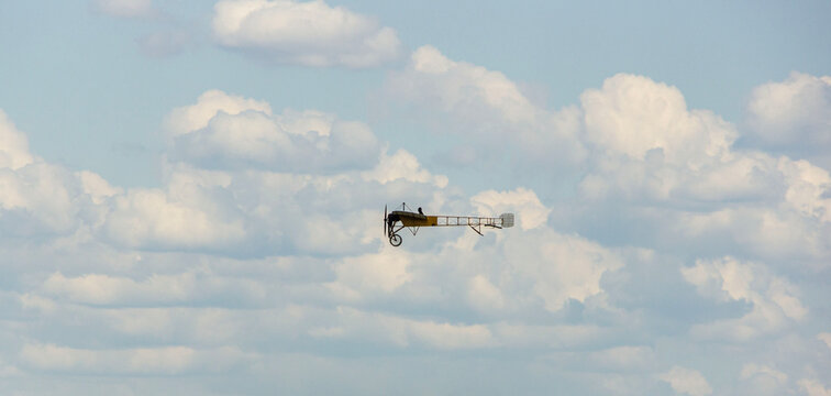 French reconnaissance aircraft Bleriot XI. Demonstration flight. Retro aviation. World War I. Celebrating 100th anniversary of the Russian Air Force. Zhukovsky, Russia - August 10, 2012