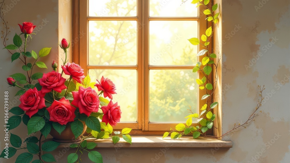 Poster a window with a view of a tree and a bunch of red roses