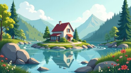 Fototapeta premium A house is on a hillside next to a river