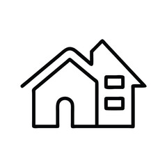 Simple House Outline Icon in Black, Minimalist black outline of a house icon featuring a roof, door, window, and chimney, ideal for real estate and home design concepts.