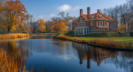A large brick house sits on a large lake. The house is surrounded by trees and the water is calm. The scene is peaceful and serene