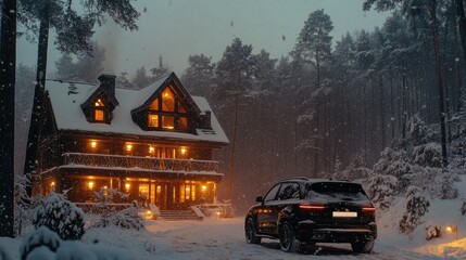 Luxury black SUV parked in front of cozy log cabin in snowy forest, winter getaway, cabin in woods, rustic vacation, cozy lights, snowfall, nature, wilderness, travel, outdoor adventure, evening