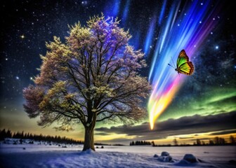 Obraz premium Surreal Landscape with Bright Meteor, Lepidopteran Ice Tree, and Ethereal Aurora Borealis in a Dreamlike Night Sky