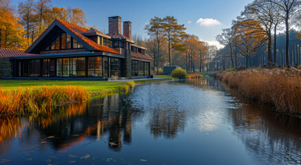 Fototapeta premium A house with a large yard and a pond in front of it. The pond is full of leaves and the water is calm